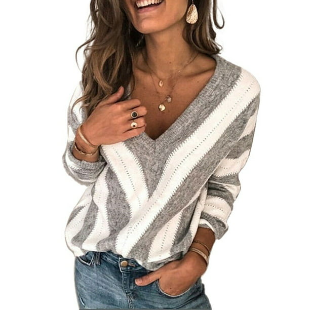 Women's V Neck Long Sleeve Jumper Knitted Pullover Sweater Casual Tops
